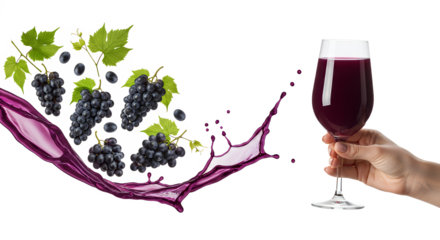 Dynamic splash of rich red wine flowing from fresh, dark grapes into an elegant glass held by a hand, symbolizing a refreshing vineyard experience ready for enjoyment