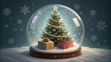 Magical christmas snow globe featuring a decorated evergreen tree with presents and falling snowflakes creating a festive winter wonderland scene