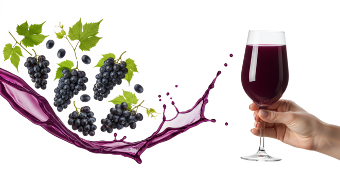 Dynamic splash of rich red wine flowing from fresh, dark grapes into an elegant glass held by a hand, symbolizing a refreshing vineyard experience ready for enjoyment