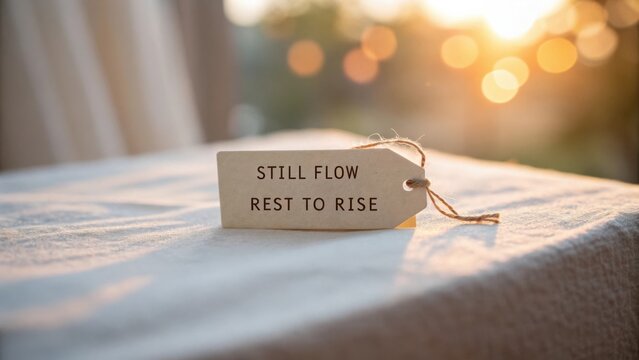 Peaceful tag with inspiring message at sunset, symbolizing tranquility and personal growth in a serene setting