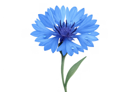Blue cornflower blooming with water drops, symbolizing nature freshness, growth, and natural beauty on transparent background