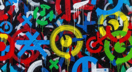 Graffiti on a textured wall features colorful circles crosses and drips