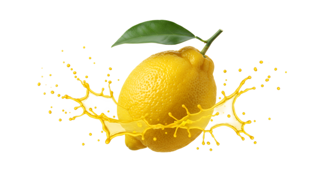 A whole ripe yellow lemon with a single green leaf creating a dynamic splash of fresh citrus juice, isolated on a pure white background
