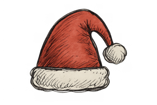 Santa claus hat in traditional red and white colors, drawn in a festive sketch style. Ideal for christmas and holiday themes