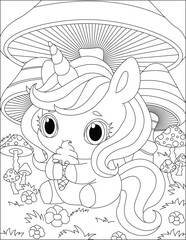 Cartoon Unicorn Eating Ice Cream Kids Coloring Page Fairytale Character Drawing Vector