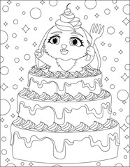 Bunny Birthday Cake Coloring Pages Food Cute Doodle Art Rabbit Inside The Cake Vector
