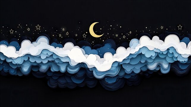 A stylized night sky features a golden crescent moon and scattered stars above a layered landscape of blue and white clouds.