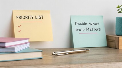 Sticky Notes on a Desk Showing a Priority List and Motivational Quote in a Minimalist Workspace Setting