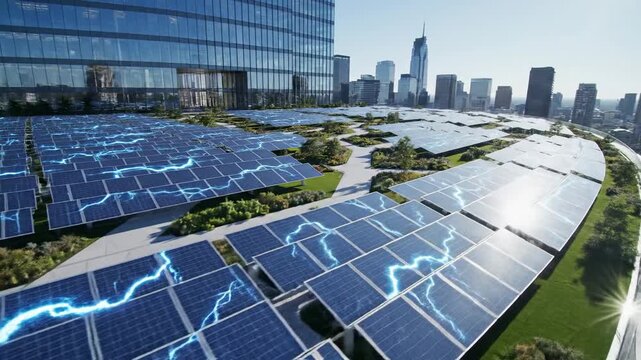 Rooftop Solar Panels Generating Power in Modern Cityscape