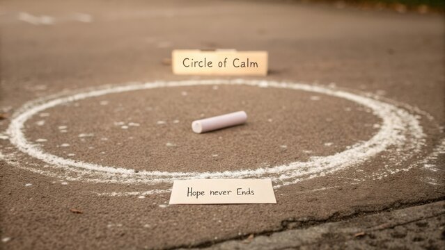 Tranquil circle with chalk drawing on pavement surrounded by calming messages for mindfulness and peaceful reflection