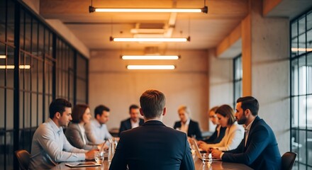 A group of diverse professionals, focusing on a Black woman in a suit speaking or presenting at a large conference table.