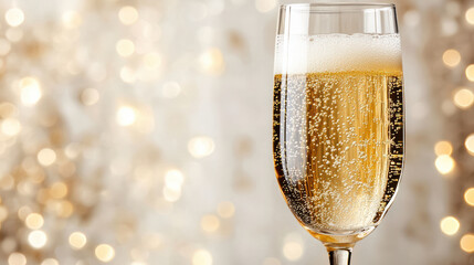 Champagne flute with golden bubbles and festive bokeh glow, celebratory mood