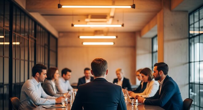 A group of diverse professionals, focusing on a Black woman in a suit speaking or presenting at a large conference table.