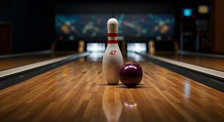 A stoic bowling pin, perfectly aligned, stands proudly, bordered by a precise arrangement of bowling balls on the highly polished, warmly lit lane. 