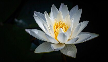 Close-up of a blooming white lotus flower with radiant yellow center against a dark background, highlighting purity, symmetry, and natural elegance in floral photography