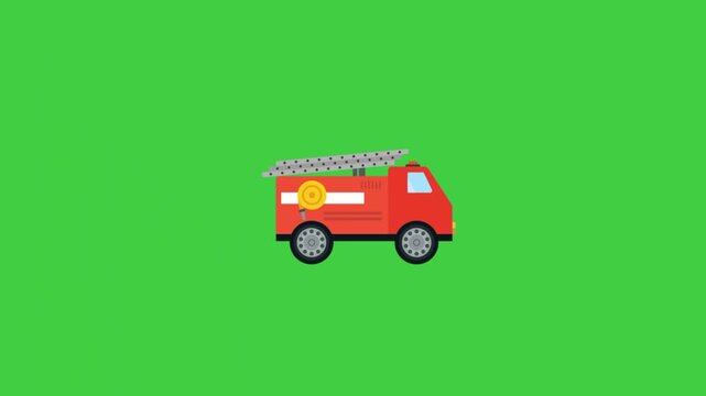 Animated fire truck with ladder on a green background.
