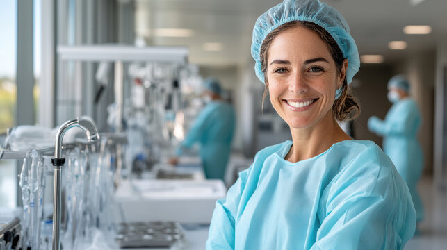 Smiling sterile technician in surgical gown and cap sorting instruments with care - Powered by Adobe