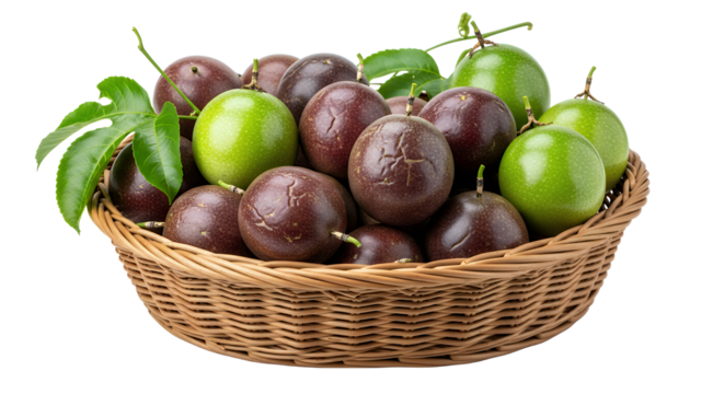 Fresh Passion Fruit Harvest in Woven Basket A Delicious and Tropical Treat on White - Powered by Adobe