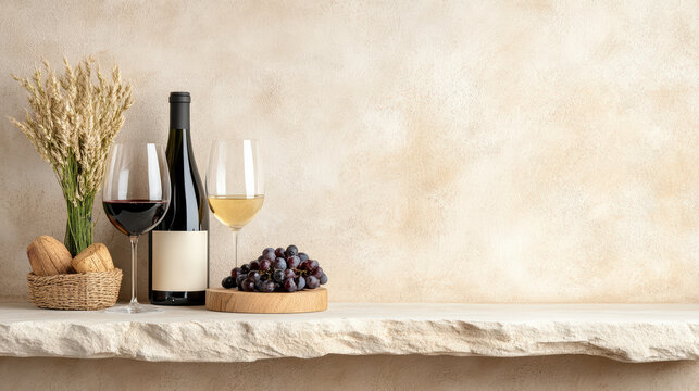 Wine bottle with two glasses red and white wine on stone shelf with grapes - Powered by Adobe