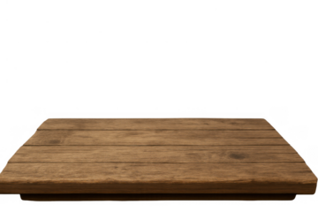 Empty wood table surface with brown planks and texture on transparent background, displaying a product mockup and presentation platform