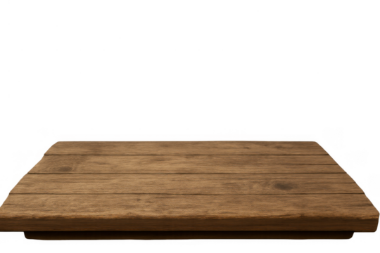 Empty wood table surface with brown planks and texture on transparent background, displaying a product mockup and presentation platform