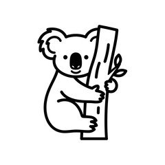 Cute Koala Bear Clinging to Tree Branch Simple Outline Illustration.