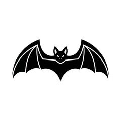 Black bat silhouette with outstretched wings isolated on white background.