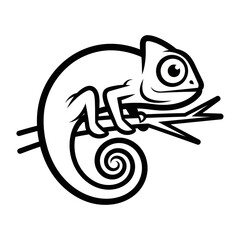 Simple black and white outline drawing of a chameleon on a branch. © Anak