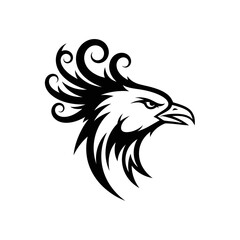 Stylized black and white mythical bird head illustration.