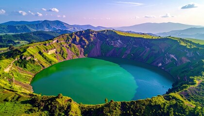 A stunning aerial view showcases a vividly green crater lake nestled within a verdant landscape of rolling hills and majestic mountains.