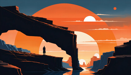 Exploring the Canyons Under a Dual Orange Sunset