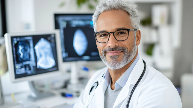 Experienced male doctor in clinic smiling while reviewing ultrasound and scan images