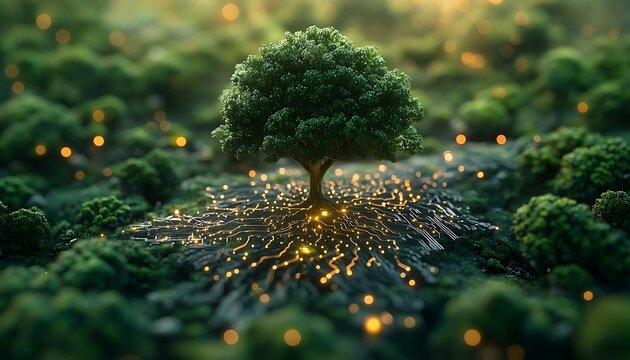Green tree with glowing circuit board roots in lush forest technology nature