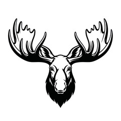 Monochrome vector illustration of a majestic moose head with large antlers.