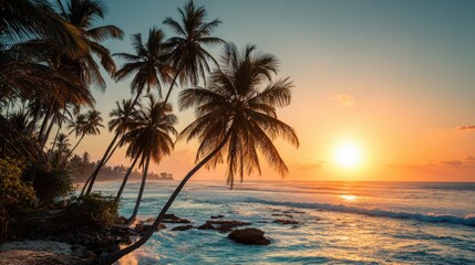 Golden sunlight reflects off the ocean waves as palm trees lean toward the water, creating a serene atmosphere at sunset in a tropical setting.