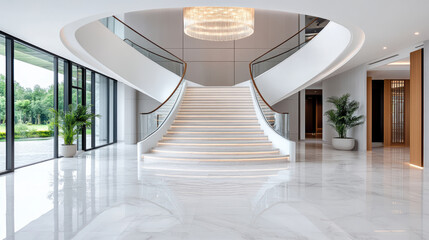 Grand marble lobby with sweeping dual staircase and chandelier glow