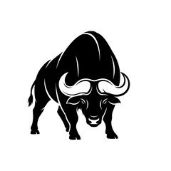 Powerful black bull stands ready to charge with impressive horns and strength.