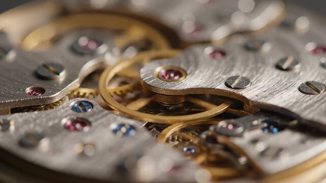 Macro Close Up of Watch Mechanism with Silver Plates Golden Gears and Jewel Details in Sharp Focus Precision Engineering Timekeeping, Adobe Stock Photo