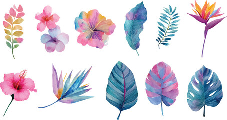 set of watercolor flowers and colorful leaf