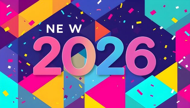 Colorful geometric celebration with confetti and bold gradient “NEW 2026” text on vibrant abstract background.