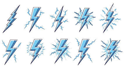 A collection of stylized blue lightning bolt icons representing electricity and power