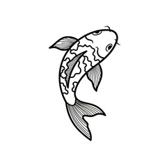 Simple Black and White Line Art Drawing of a Koi Fish.
