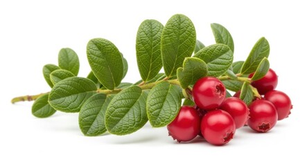 Branch of cowberry or lingonberry with red berries and green leaves isolated on white background