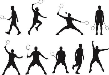 Badminton player silhouette vector set showing various action poses, athletic movements and sports training concepts, ideal for fitness illustrations, dynamic activity design elements