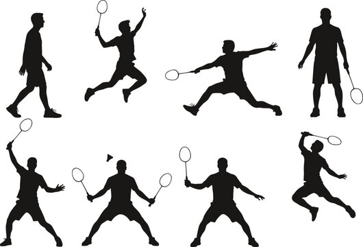 Badminton player silhouette set, dynamic athlete poses, racket sport action scenes, sports training movements, competitive game vector illustration for fitness and activity design