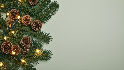  Natural Evergreen Garland Decoration with Copy Space for Winter Holiday Greeting Card