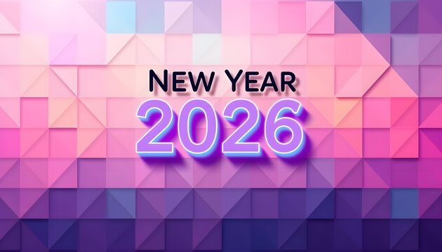Bold “NEW YEAR 2026” in black and glowing purple text over vibrant geometric background of pink, blue, and purple shapes.
