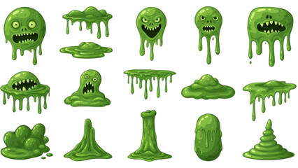 Green slime monsters, blobs, and dripping goo, spooky cartoon characters © Stock Image Paradise