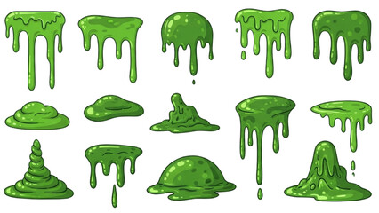 A collection of cartoon green slime drips, toxic goo puddles, and slimy splatters vector set