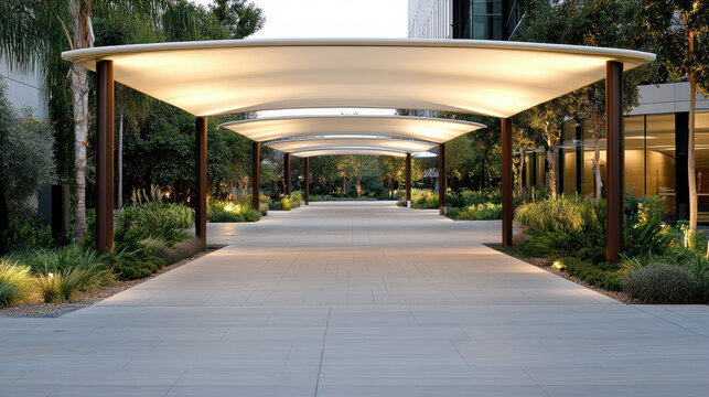 Covered walkway with glowing modern canopy and landscaped pathway at dusk